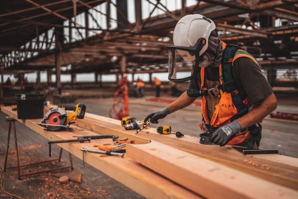 Working on wood on a construction site